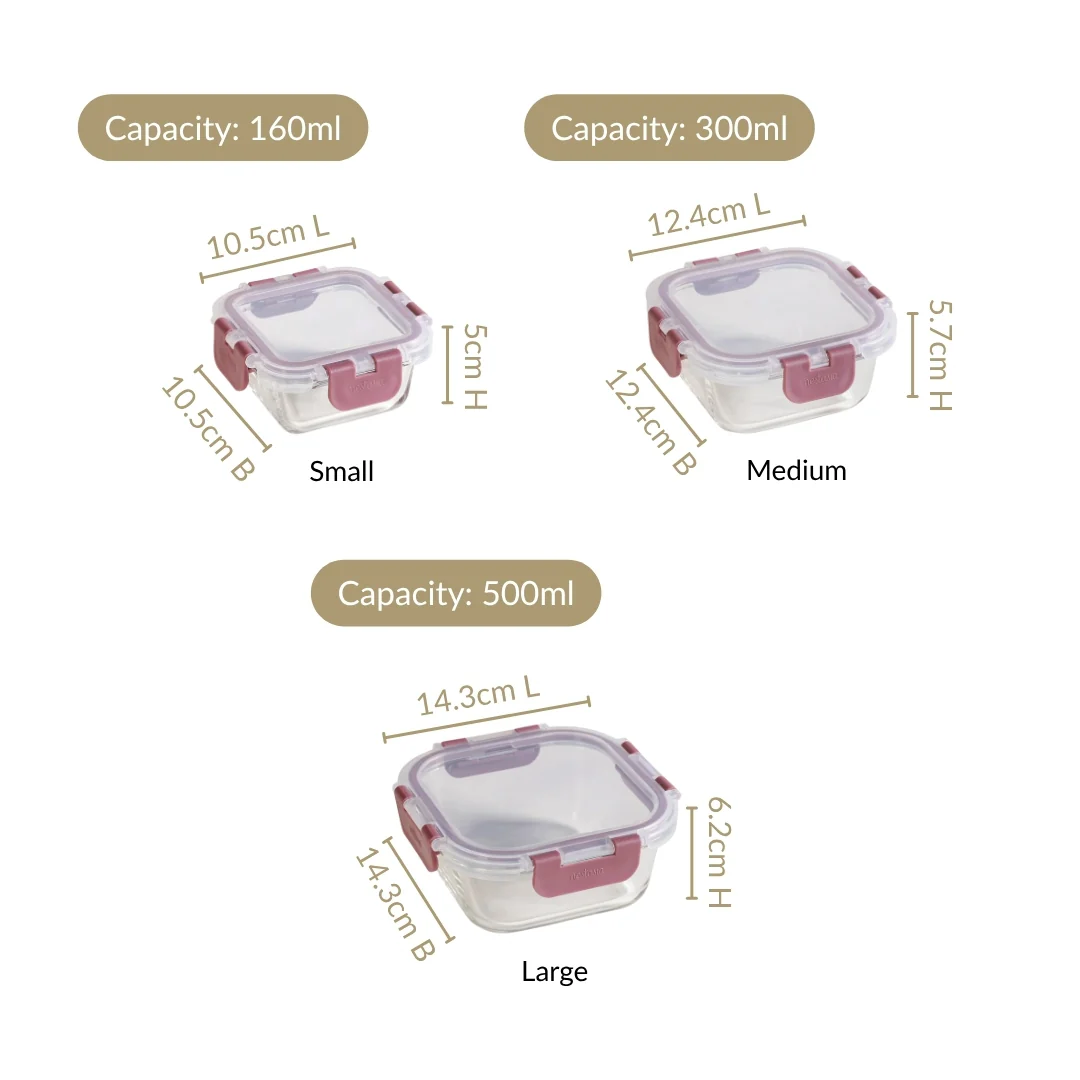 Nestro Airtight Food Storage Containers Square Set Of 3 Magenta 160ml 300ml 500ml - Image 4