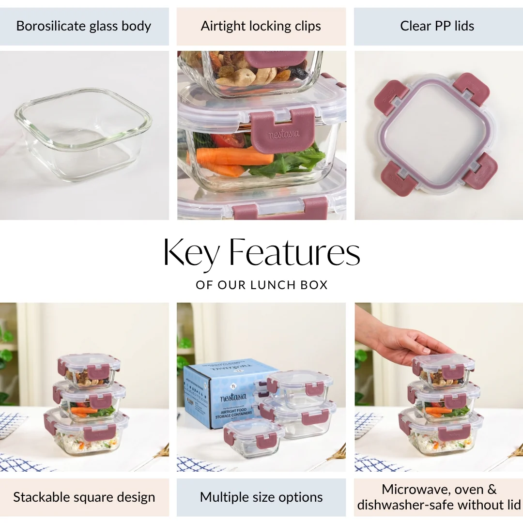 Nestro Airtight Food Storage Containers Square Set Of 3 Magenta 160ml 300ml 500ml - Image 5