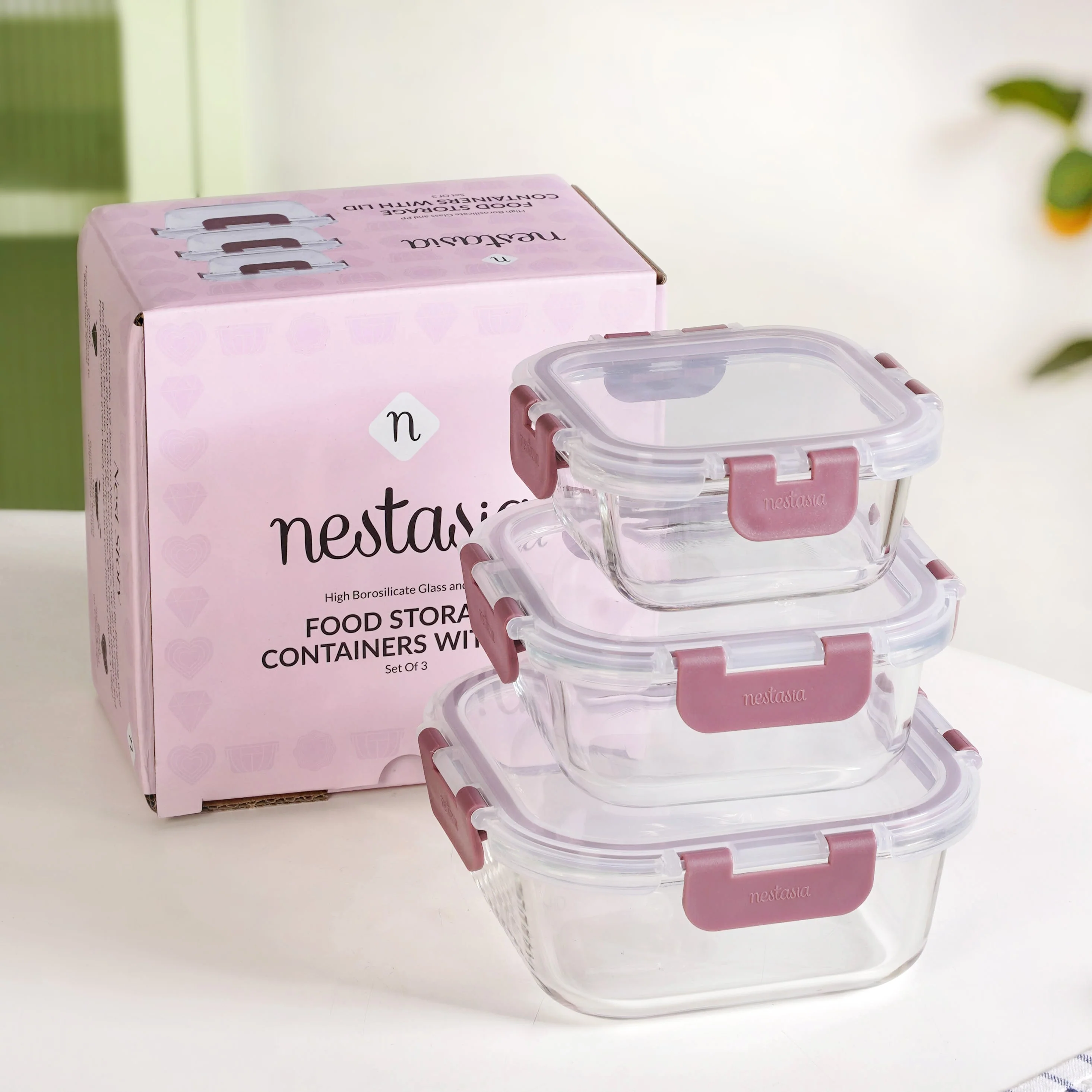 Nestro Containers With Lid Square Set Of 3 Dusty Pink 300ml 500ml 800ml - Image 2