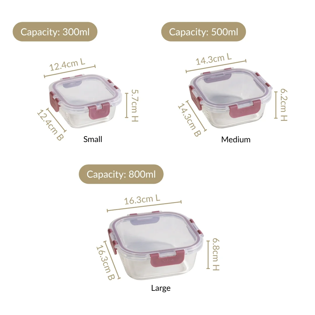 Nestro Containers With Lid Square Set Of 3 Dusty Pink 300ml 500ml 800ml - Image 4