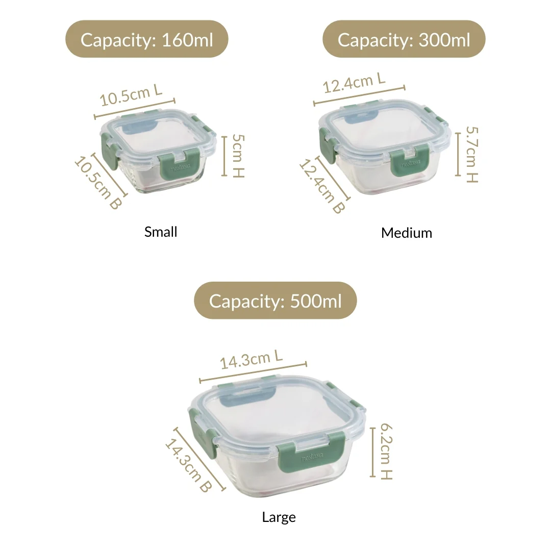 Nestro Glass Leakproof Containers Set Of 3 Square Sage Green 160ml 300ml 500ml - Image 4