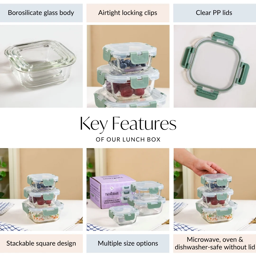 Nestro Glass Leakproof Containers Set Of 3 Square Sage Green 160ml 300ml 500ml - Image 5