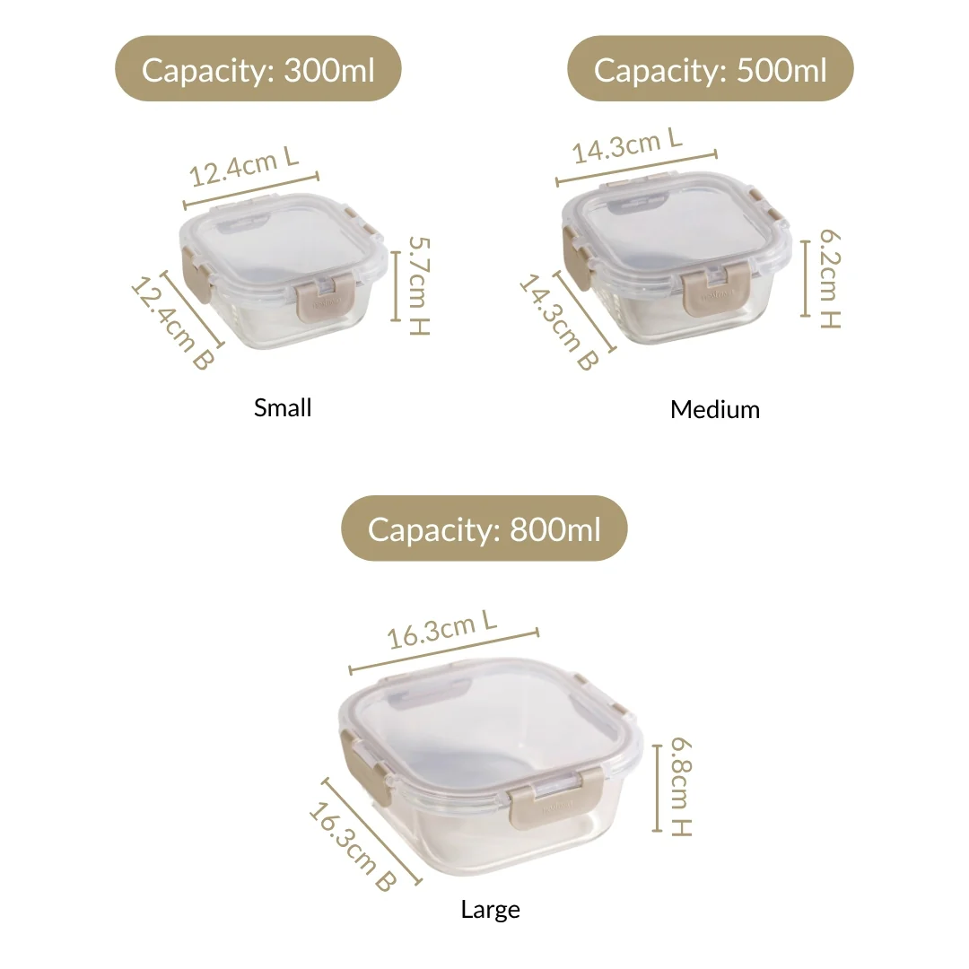 Nestro Lock Airtight Containers Set Of 3 Square Beige 300ml 500ml 800ml - Image 4
