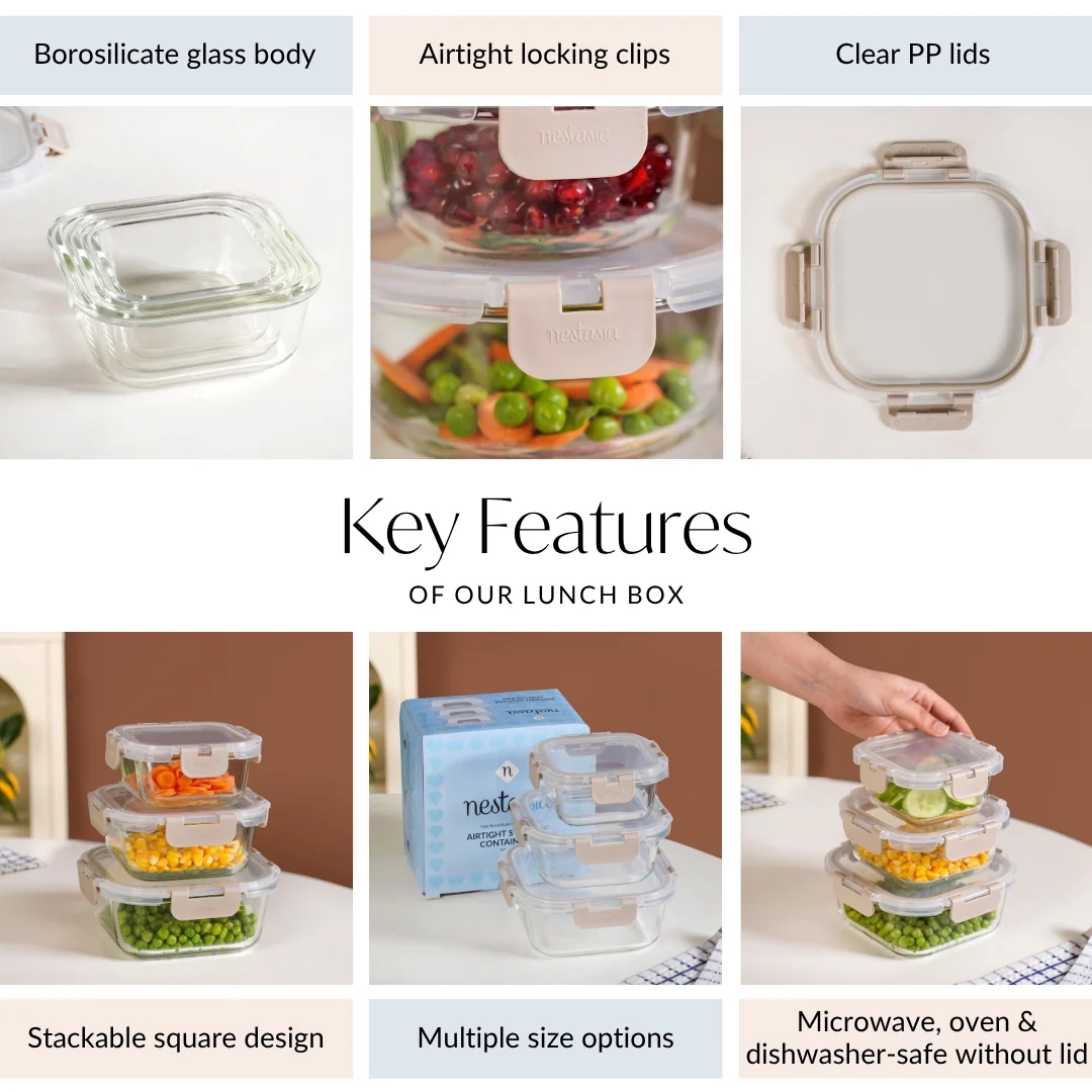 Nestro Lock Airtight Containers Set Of 3 Square Beige 300ml 500ml 800ml - Image 5