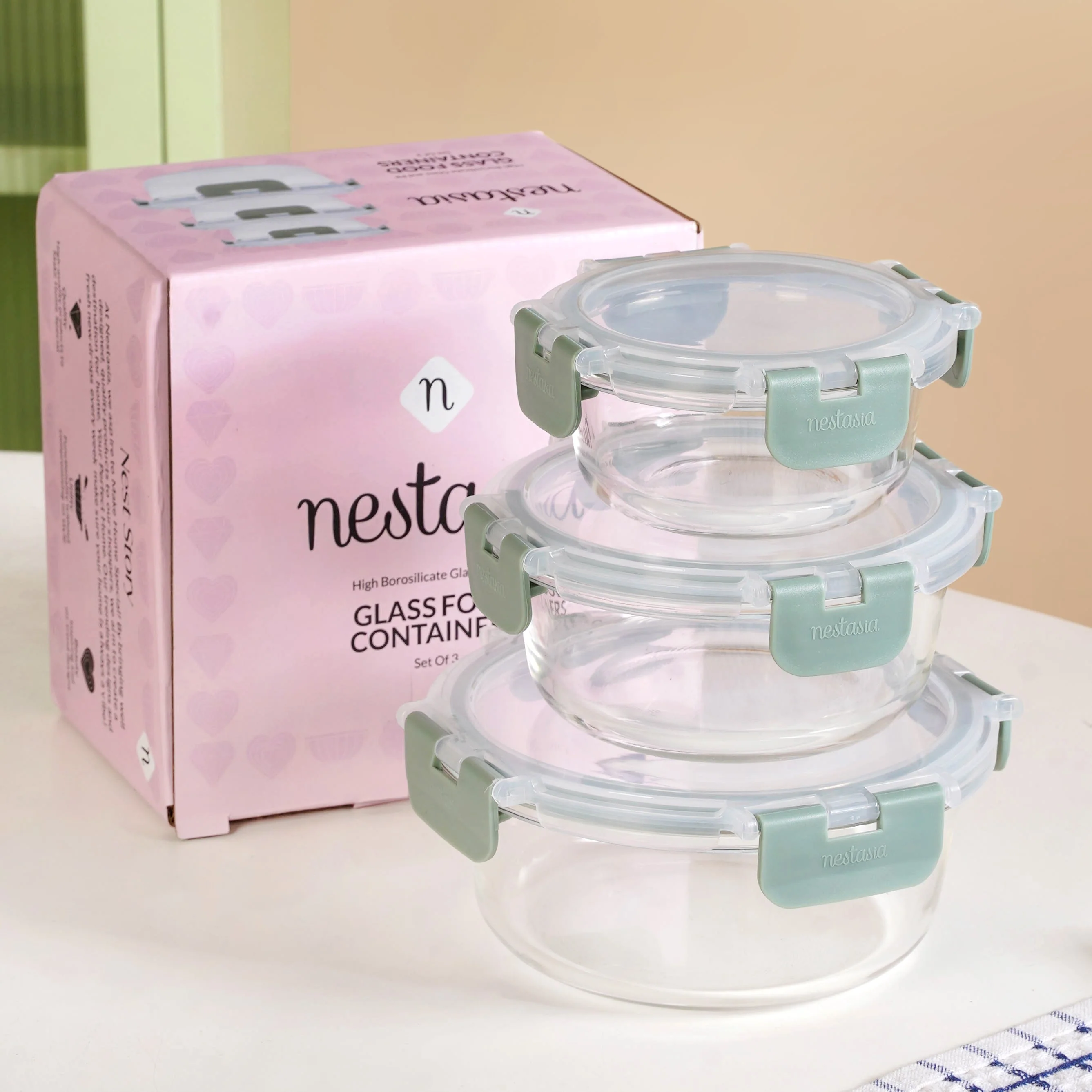 Nestro Pro Airtight Food Containers Set Of 3 Round Sage Green 215ml 400ml 600ml - Image 2