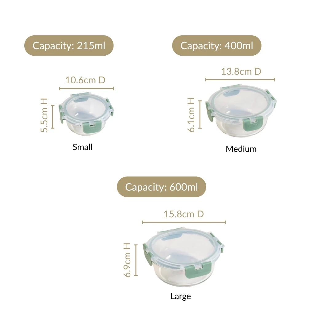 Nestro Pro Airtight Food Containers Set Of 3 Round Sage Green 215ml 400ml 600ml - Image 4