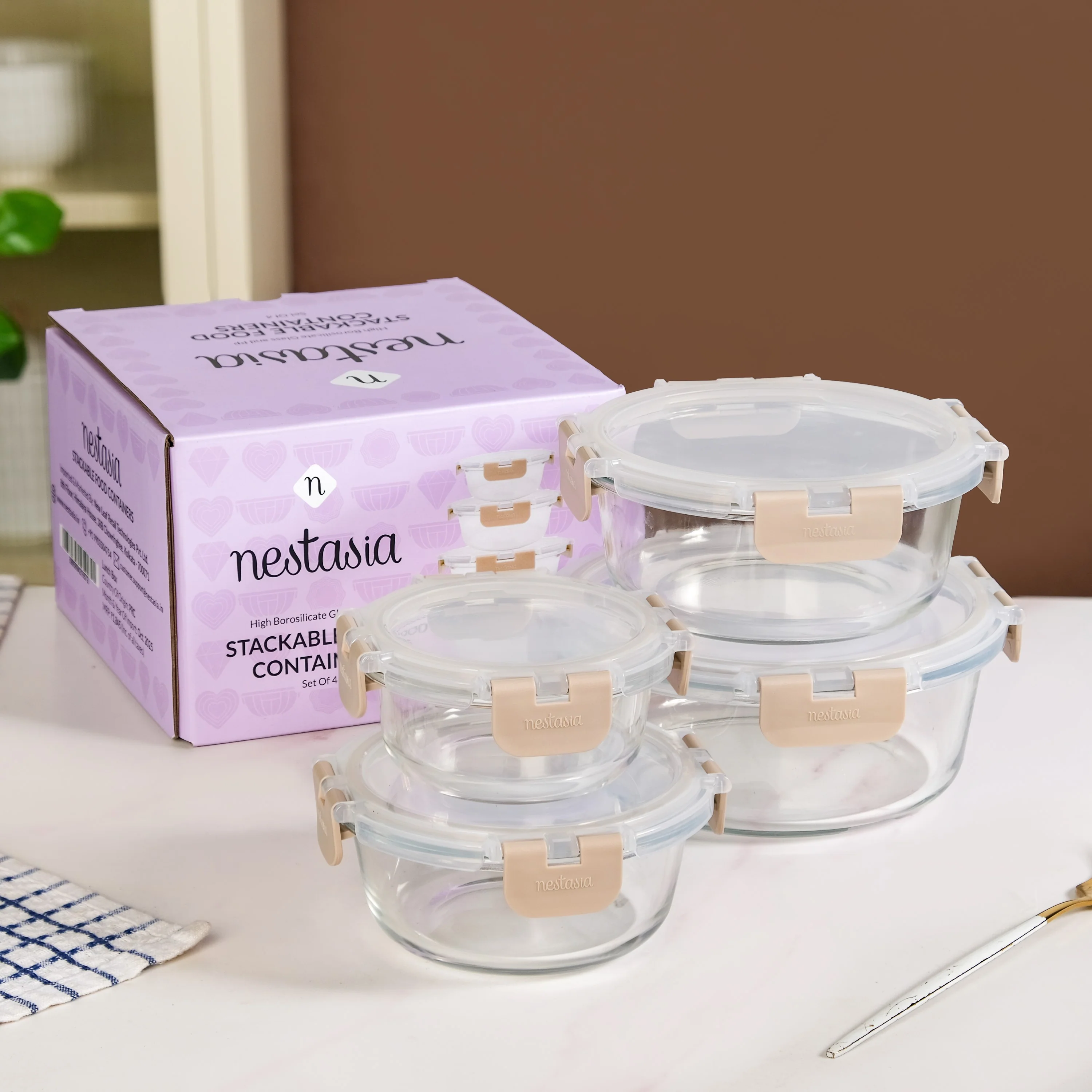 Nestro Pro Clip Lock Box Set Of 4 Round Beige 215ml 400ml 600ml 950ml - Image 2