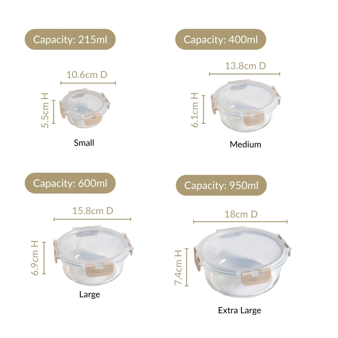 Nestro Pro Clip Lock Box Set Of 4 Round Beige 215ml 400ml 600ml 950ml - Image 4