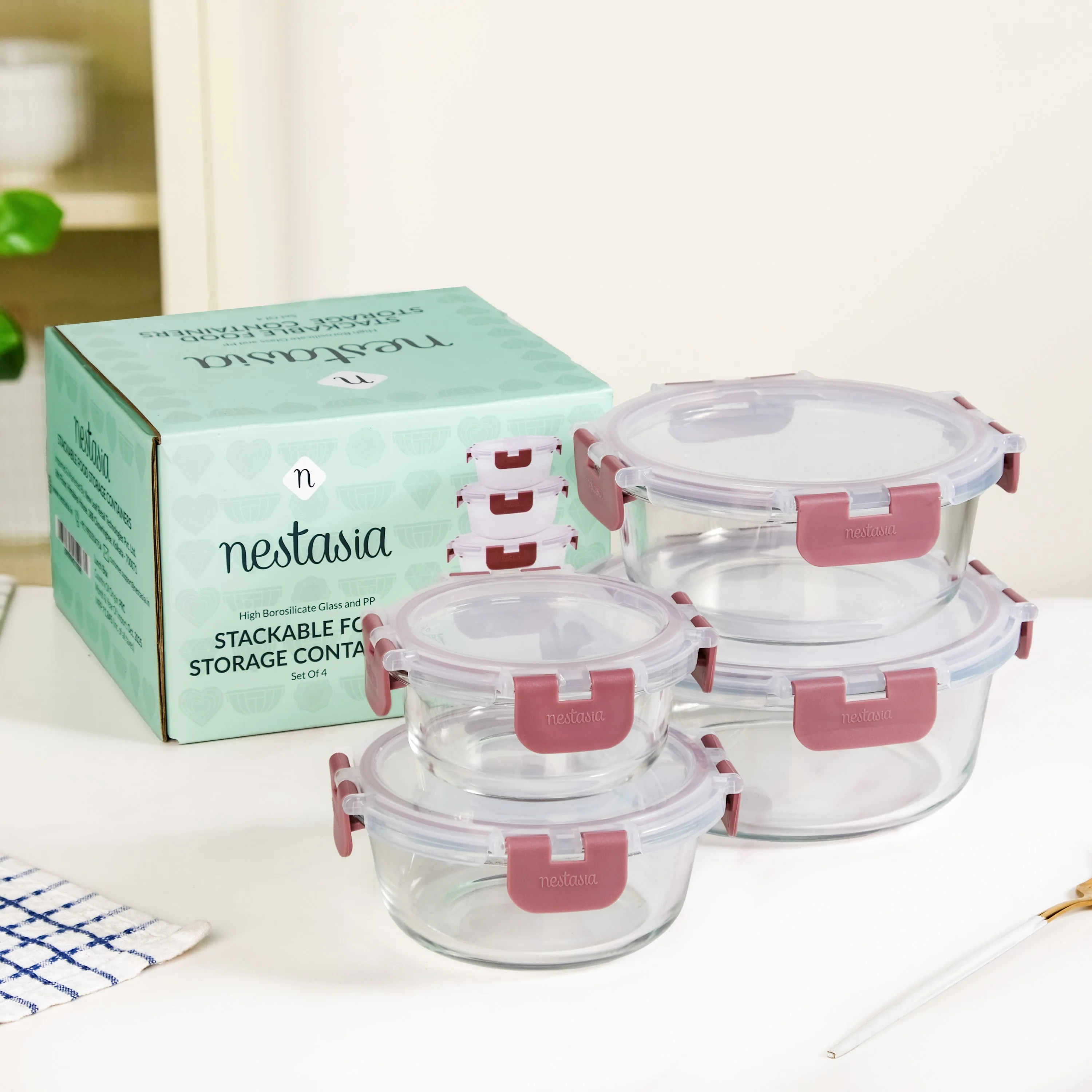 Nestro Pro Clip Lock Food Containers Set Of 4 Round Magenta 215ml 400ml 600ml 950ml - Image 2