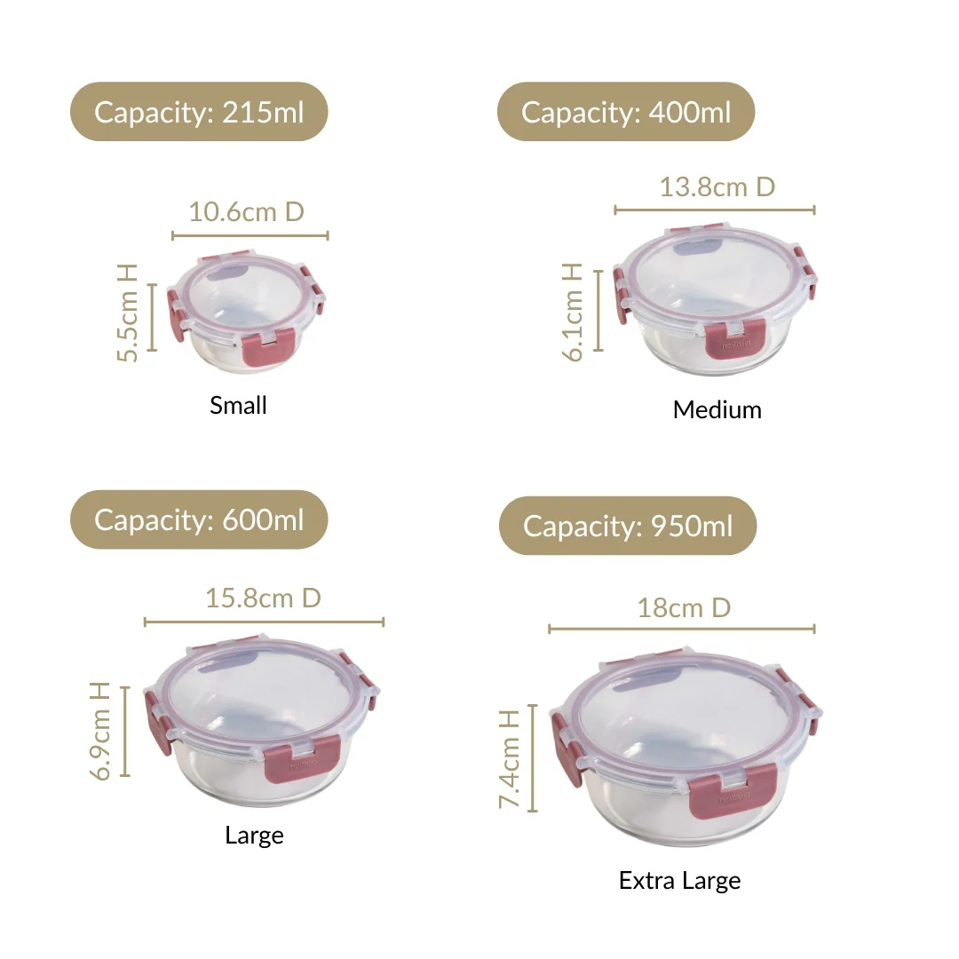 Nestro Pro Clip Lock Food Containers Set Of 4 Round Magenta 215ml 400ml 600ml 950ml - Image 4