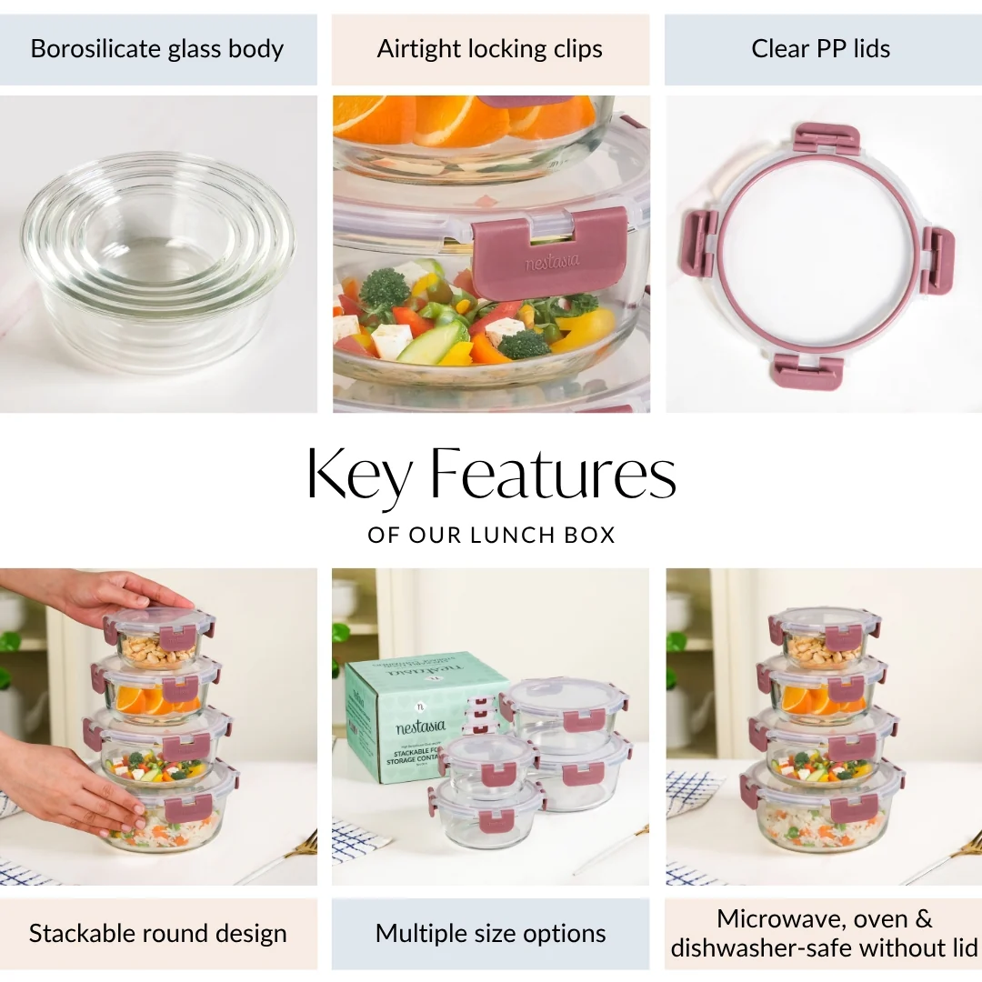 Nestro Pro Clip Lock Food Containers Set Of 4 Round Magenta 215ml 400ml 600ml 950ml - Image 5