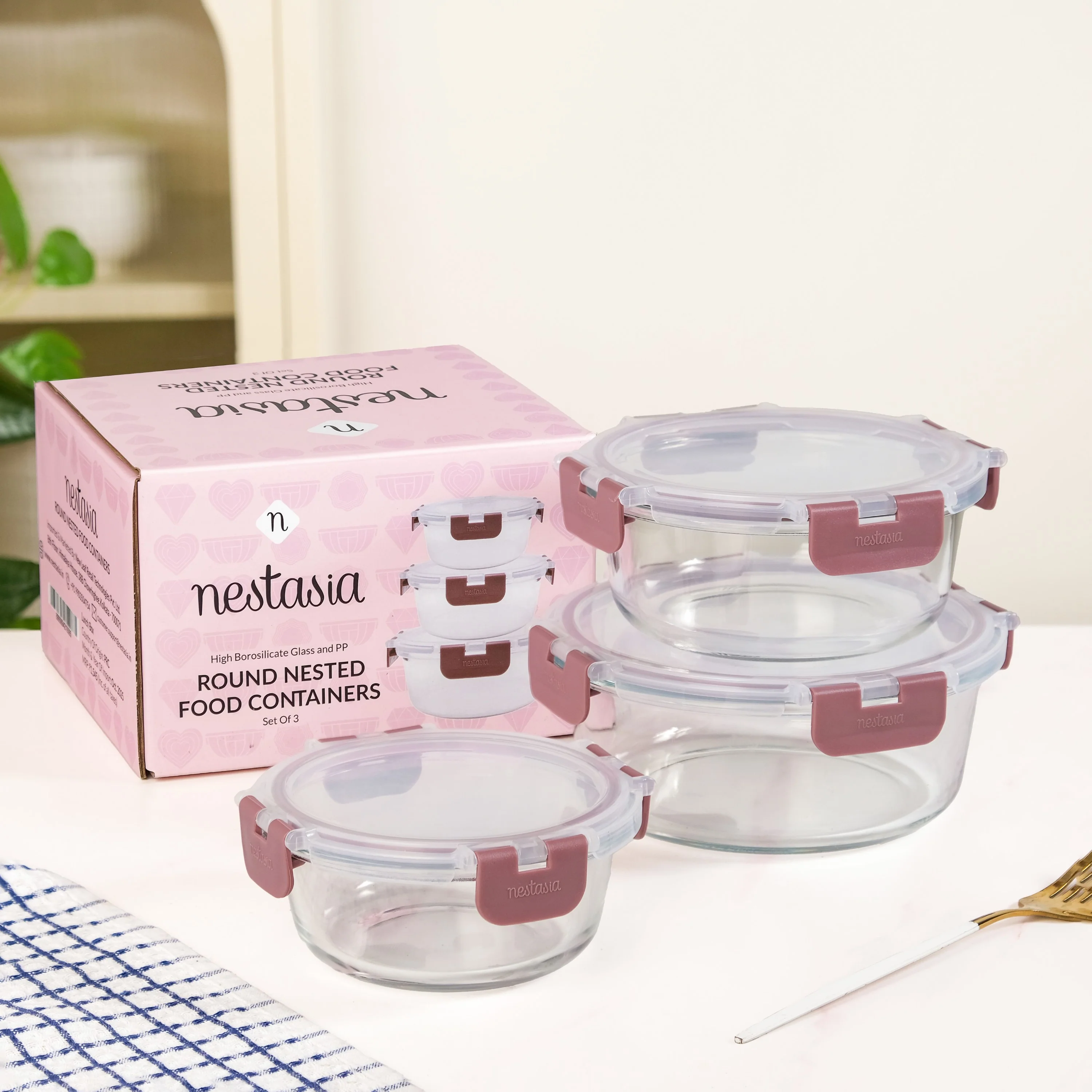 Nestro Pro Clip Lock Leakproof Containers Set Of 3 Round Magenta 400ml 600ml 950ml - Image 2