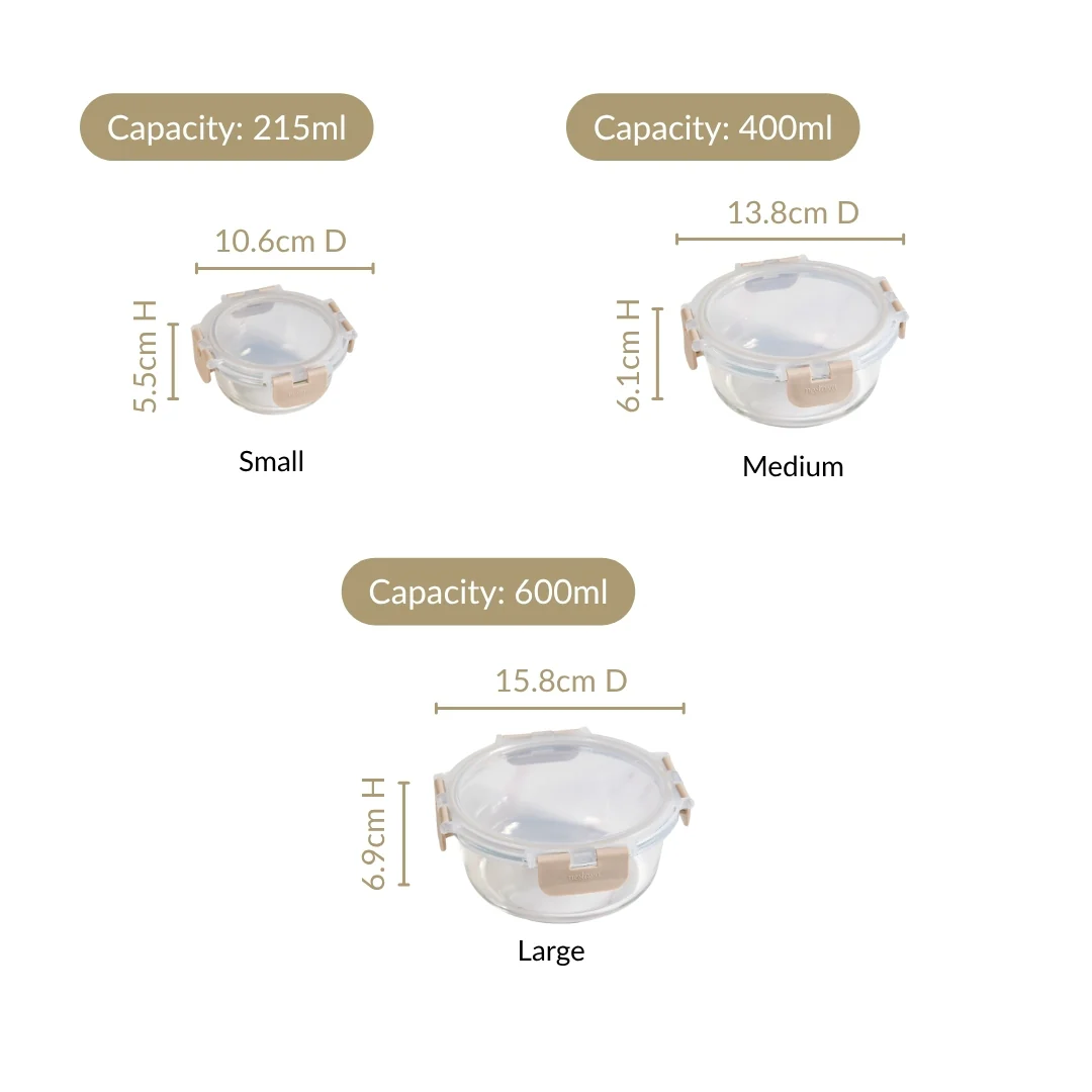 Nestro Pro Microwave Safe Containers Set Of 3 Round Beige 215ml 400ml 600ml - Image 4