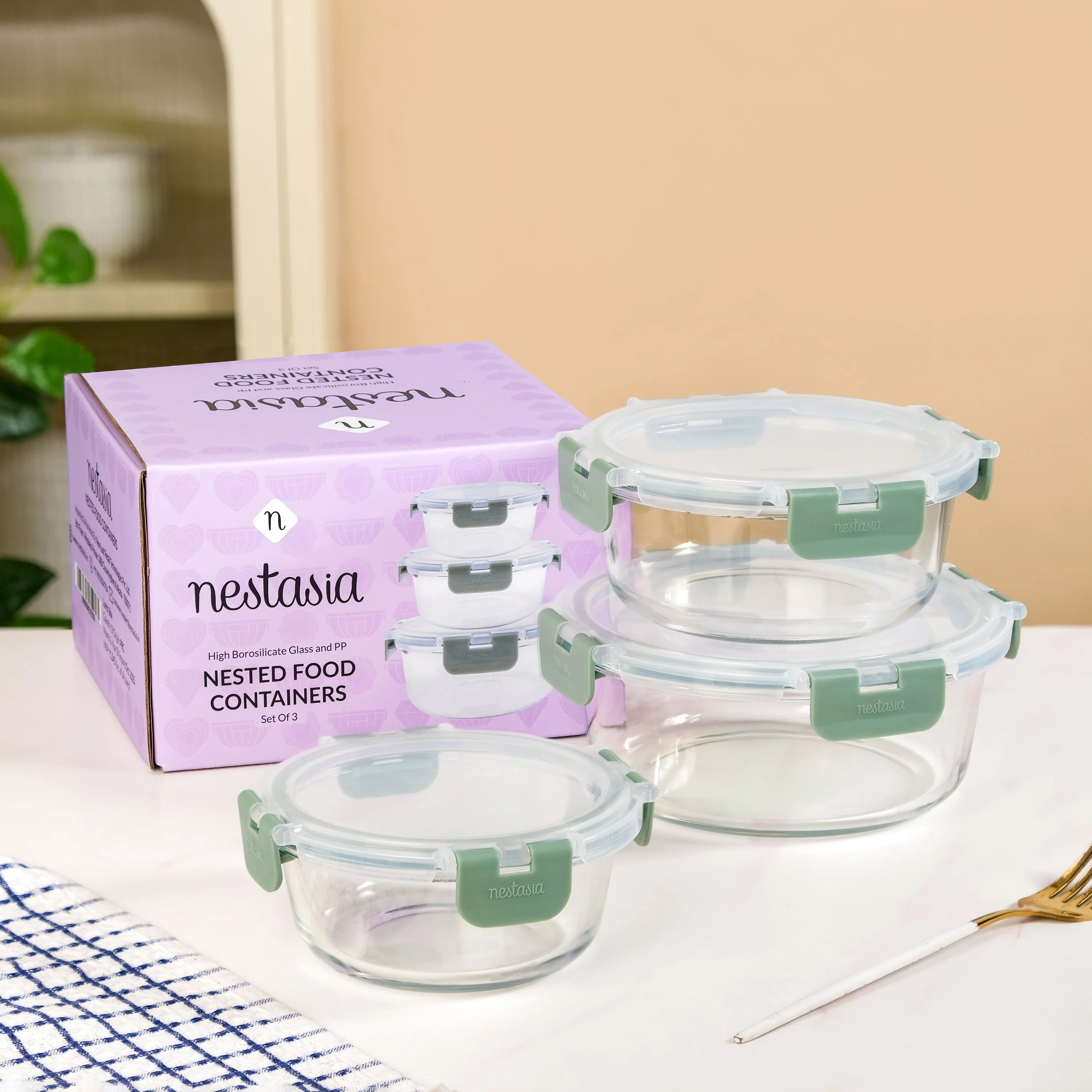 Nestro Pro Spill Proof Food Containers Set Of 3 Round Sage Green 400ml 600ml 950ml - Image 2