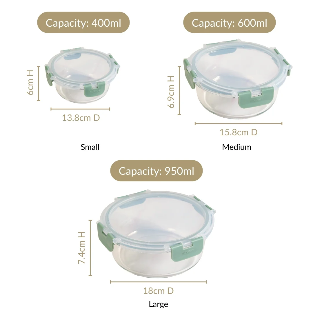 Nestro Pro Spill Proof Food Containers Set Of 3 Round Sage Green 400ml 600ml 950ml - Image 4