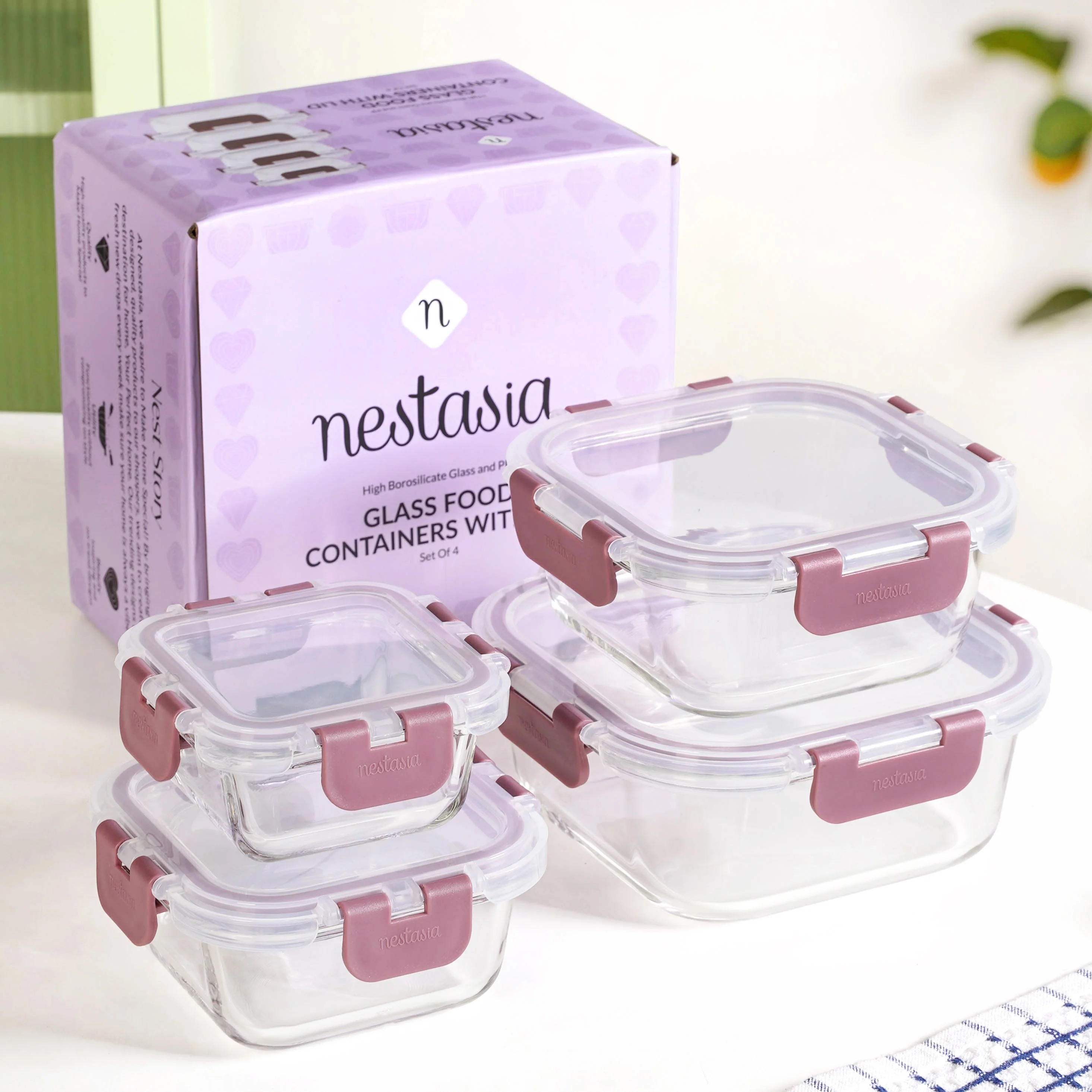 Nestro Square Airtight Containers Set Of 4 Dusty Pink 160ml 300ml 500ml 800ml - Image 2