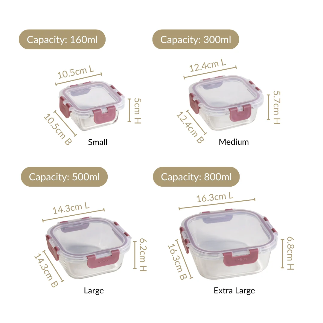 Nestro Square Airtight Containers Set Of 4 Dusty Pink 160ml 300ml 500ml 800ml - Image 4