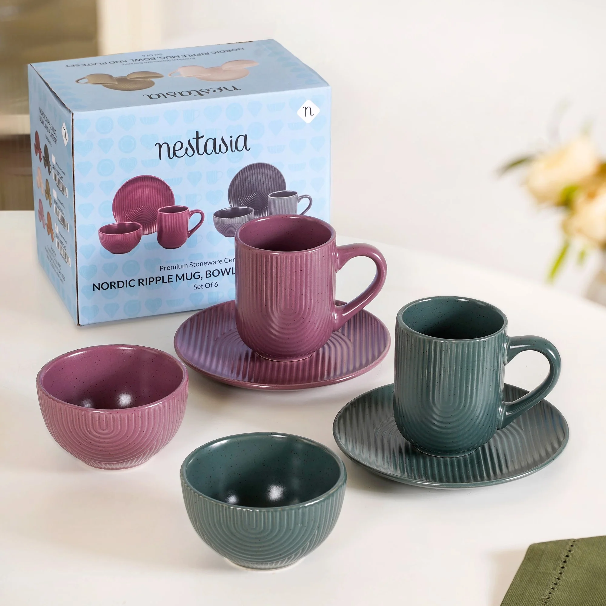 Nordic Ripple Ceramic Mug Bowl And Starter Plate Set Of 6 - Image 3