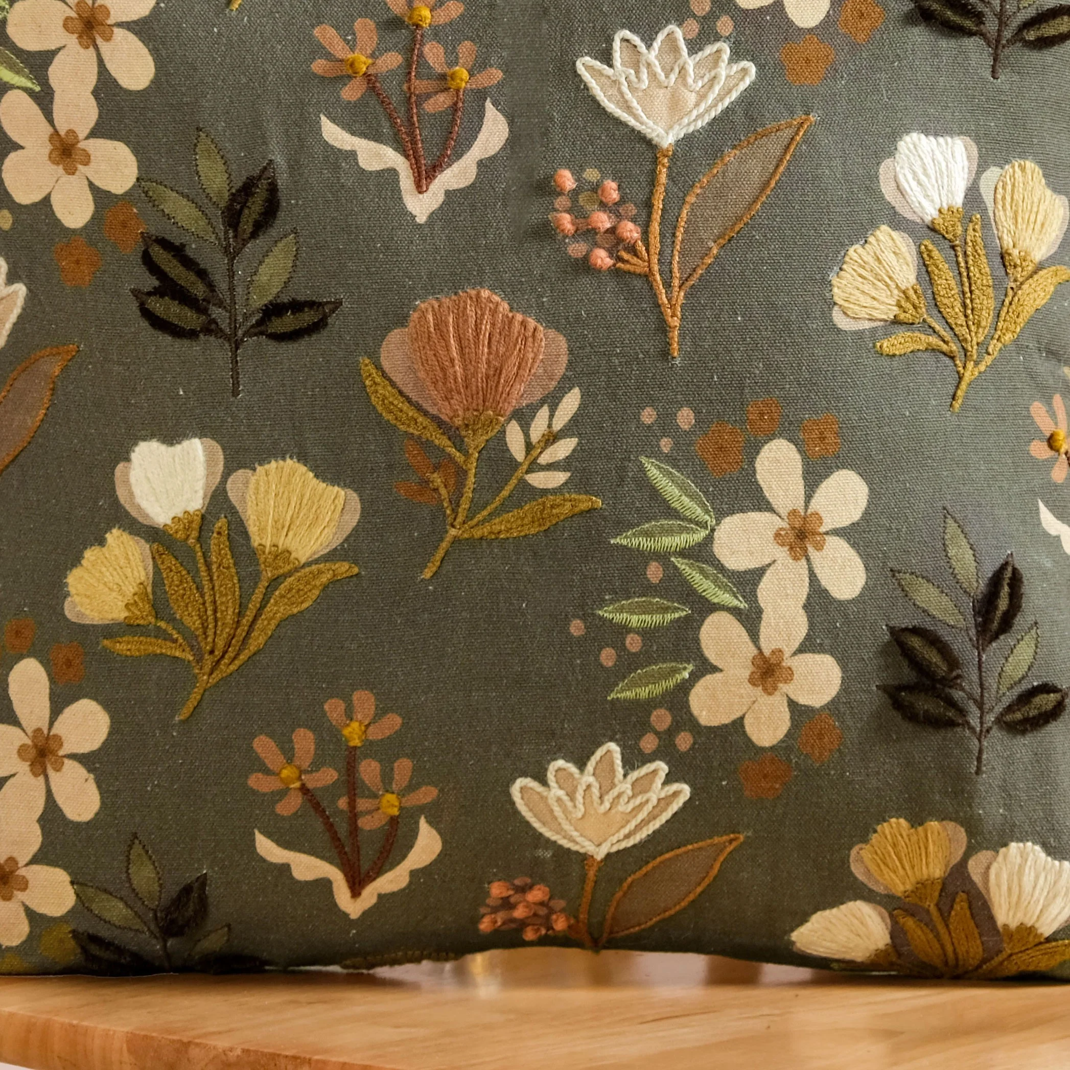Olive Green Floral Embroidered Cotton Cushion Cover 40x40cm - Image 2