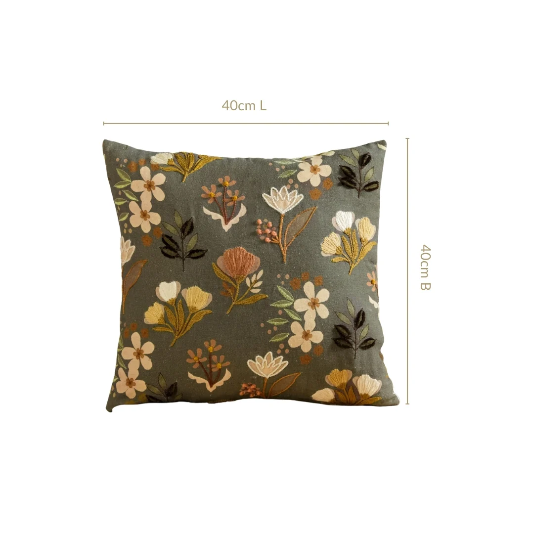 Olive Green Floral Embroidered Cotton Cushion Cover 40x40cm - Image 3