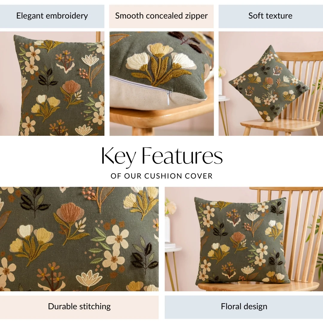 Olive Green Floral Embroidered Cotton Cushion Cover 40x40cm - Image 4