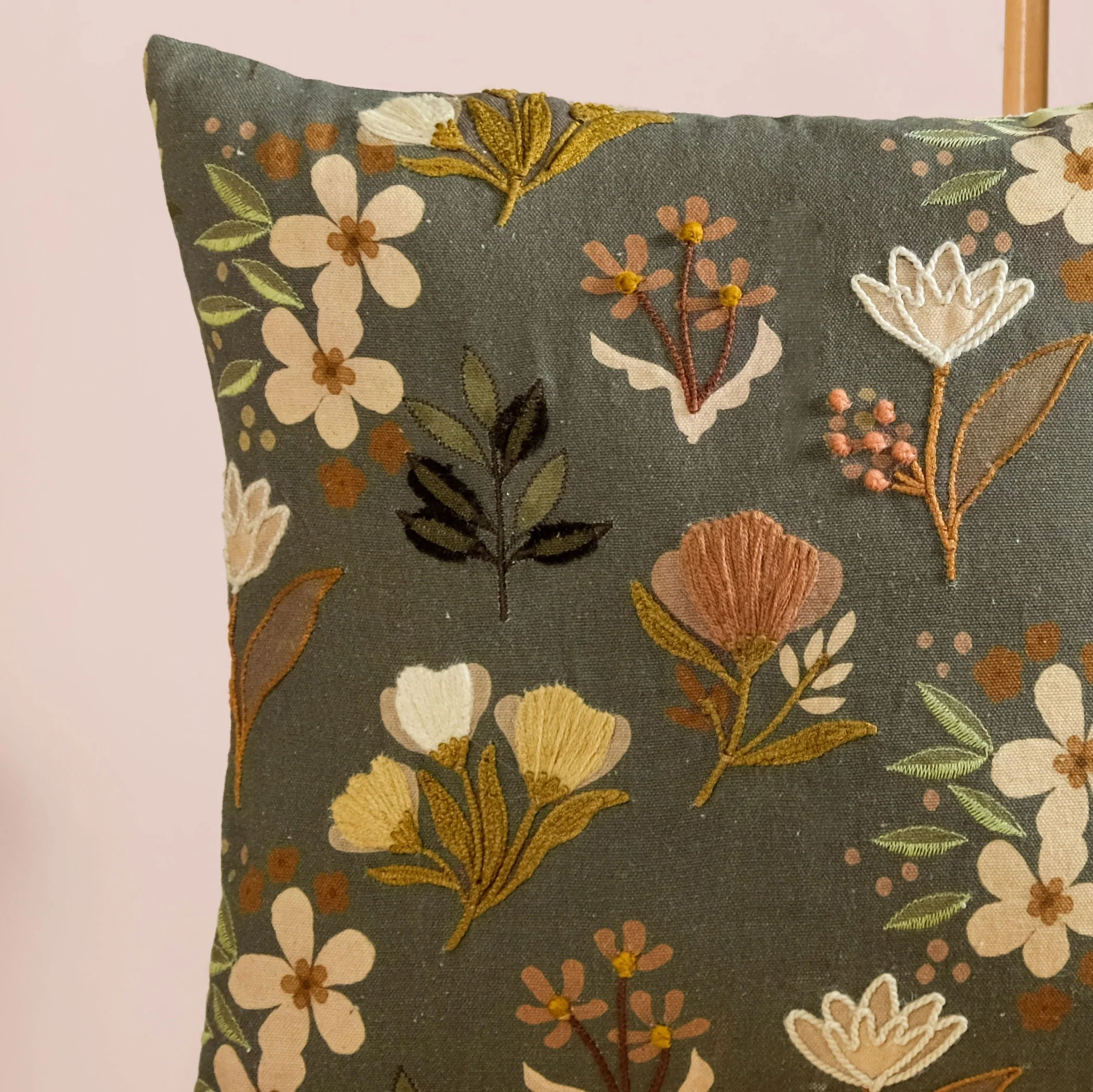 Olive Green Floral Embroidered Cotton Cushion Cover 40x40cm - Image 5