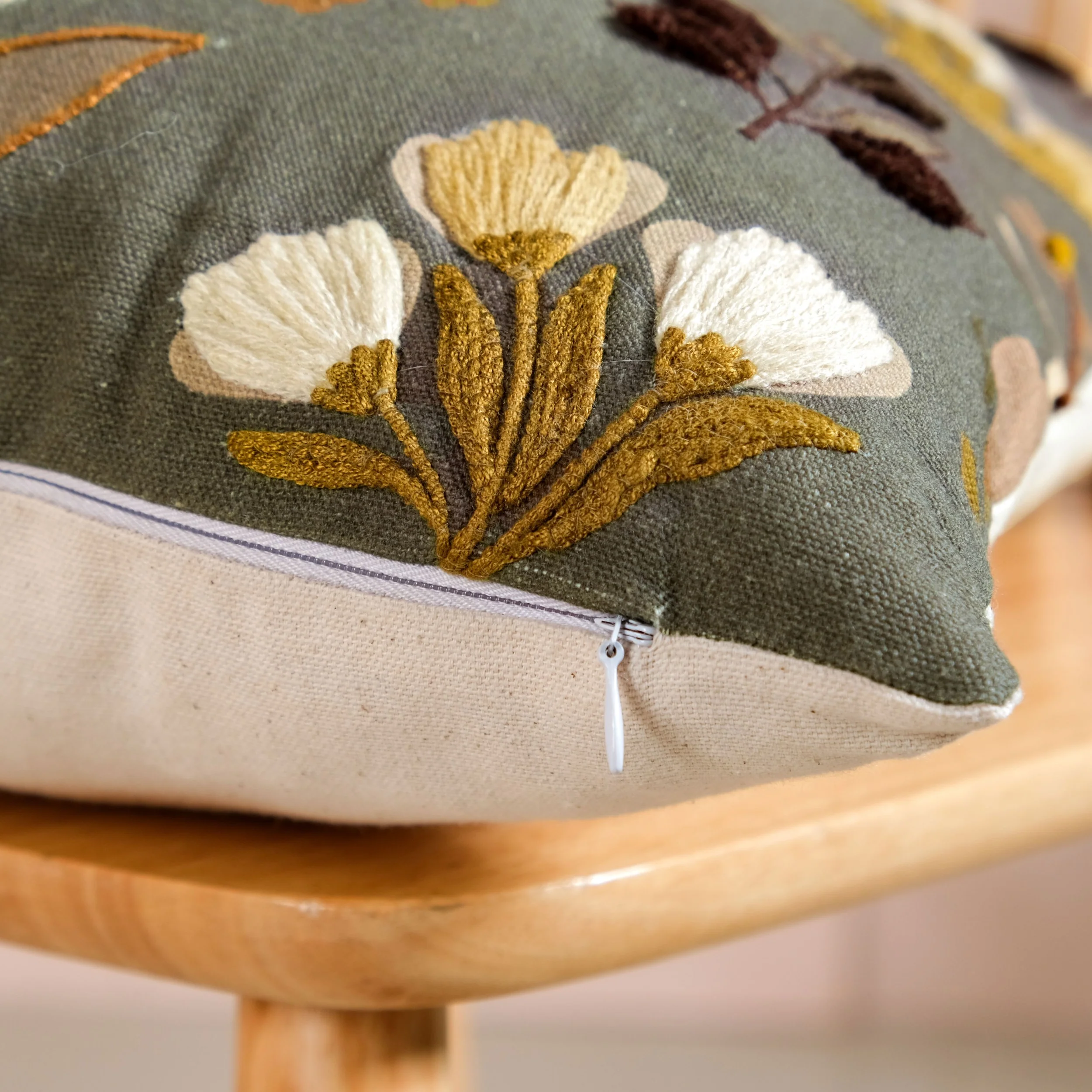 Olive Green Floral Embroidered Cotton Cushion Cover 40x40cm - Image 7
