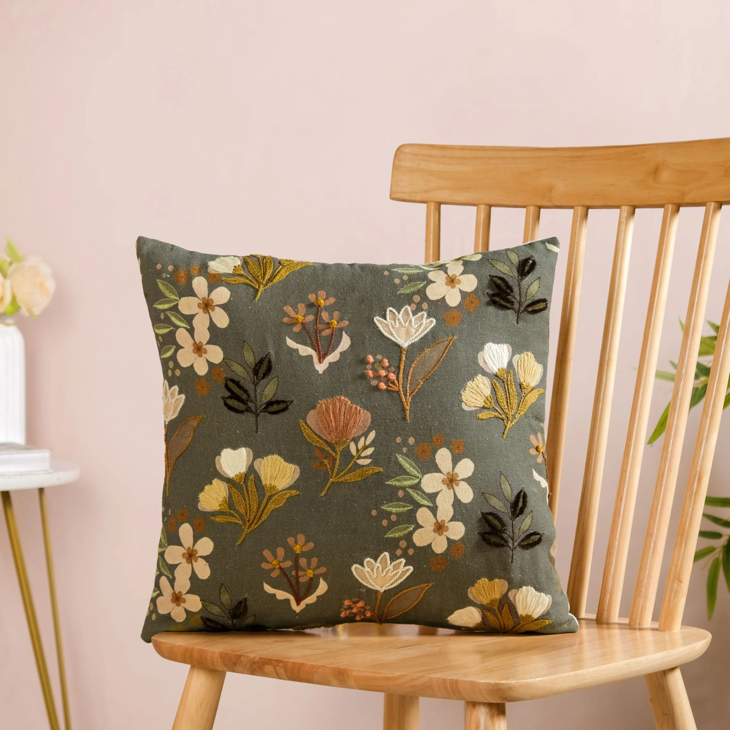 Olive Green Floral Embroidered Cotton Cushion Cover 40x40cm - Image 8