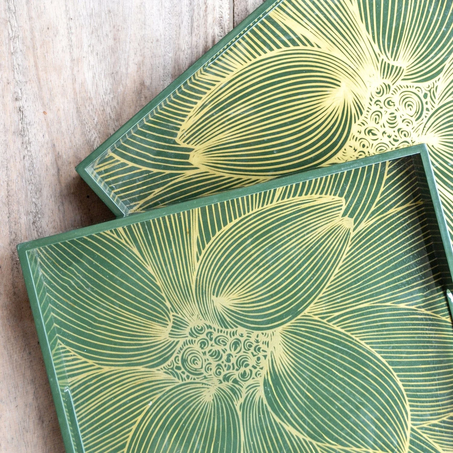 OLIVE Green Gold Floral Square Lacquer Tray (Set Of 2) - Image 3
