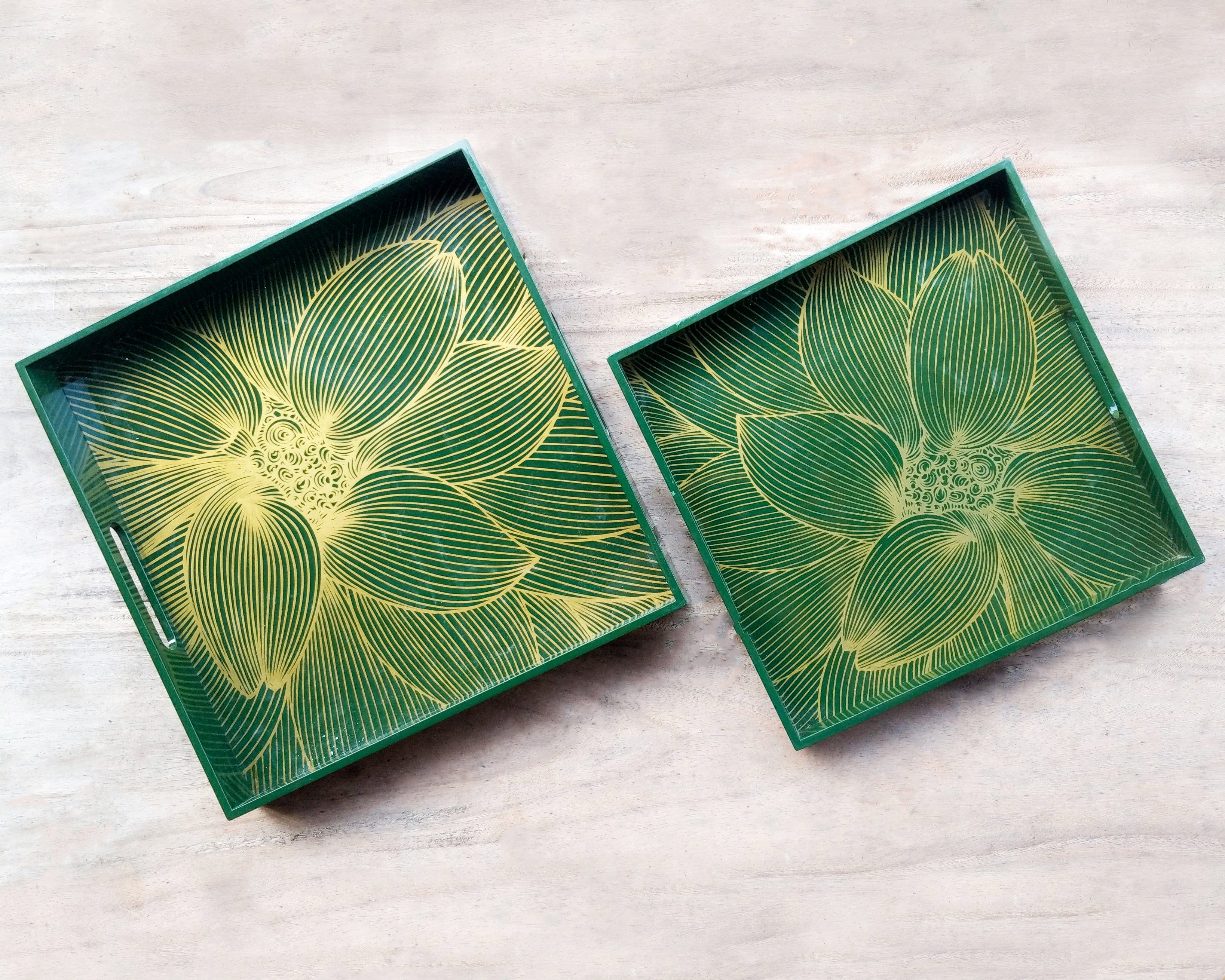 OLIVE Green Gold Floral Square Lacquer Tray (Set Of 2) - Image 5