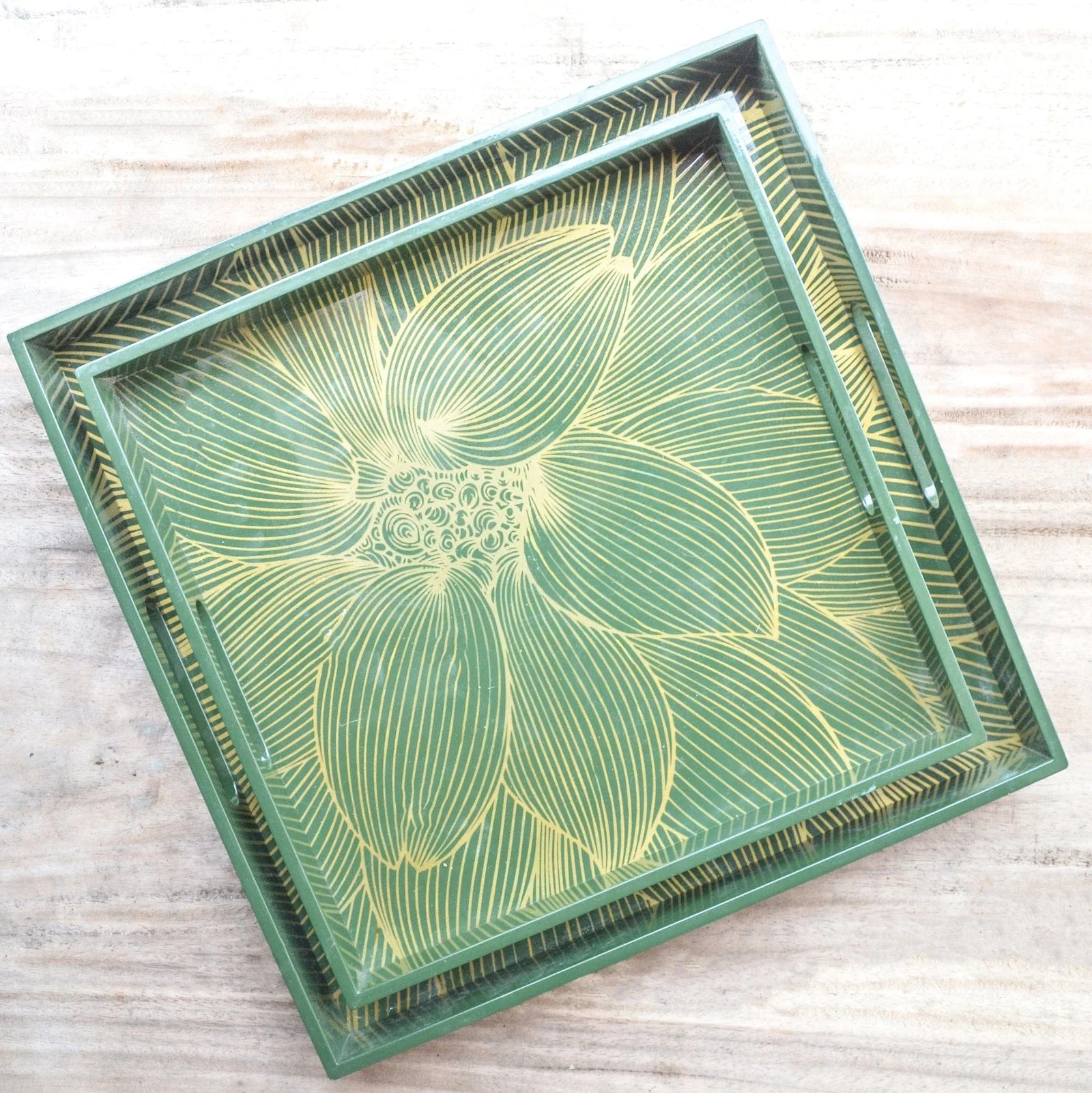 OLIVE Green Gold Floral Square Lacquer Tray (Set Of 2) - Image 7