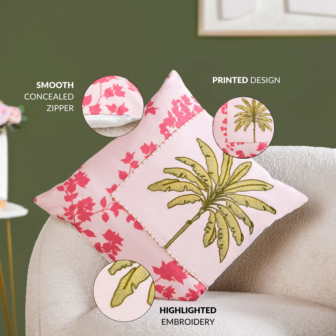 Palm And Charm Embroidered Cotton Cushion Cover 40x40cm - Image 4