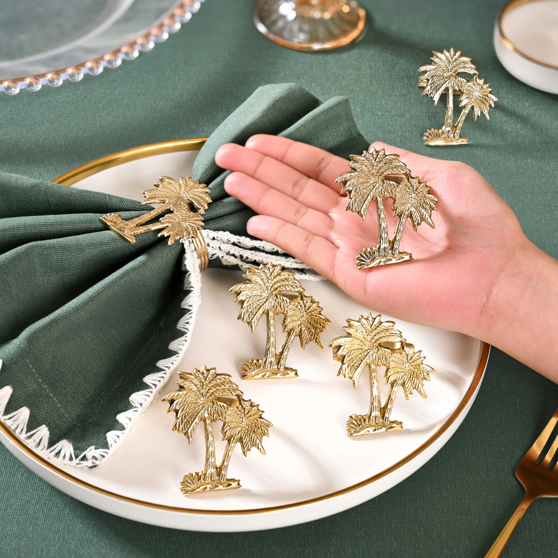 Palm Tree Pure Brass Napkin Ring Set Of 6 - Image 2