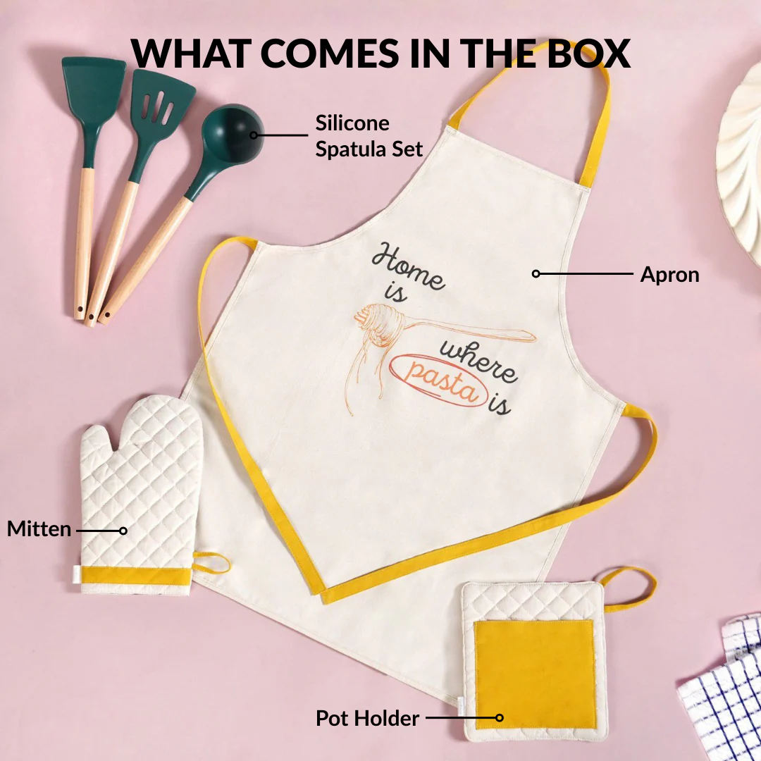 Pasta Lover Gift Hamper Box With Spatula Apron Trivet And Mitten - Image 5