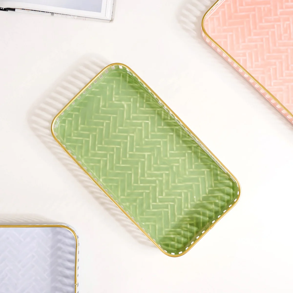 Pastel Herringbone Pattern Metal Tray Set Of 3 - Image 10