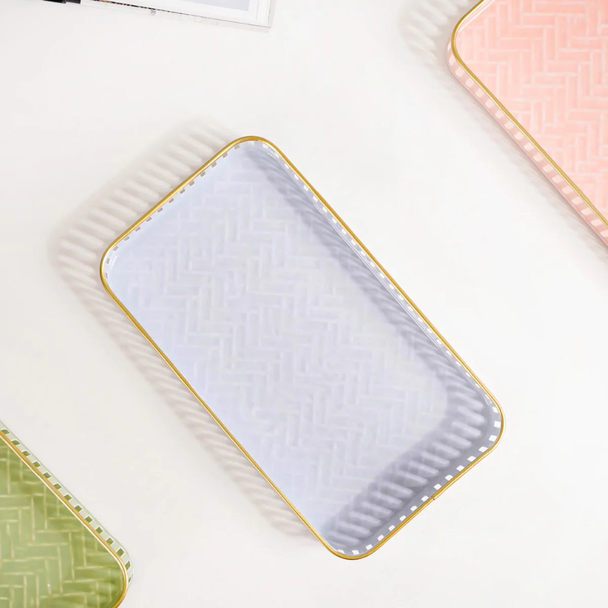 Pastel Herringbone Pattern Metal Tray Set Of 3 - Image 11