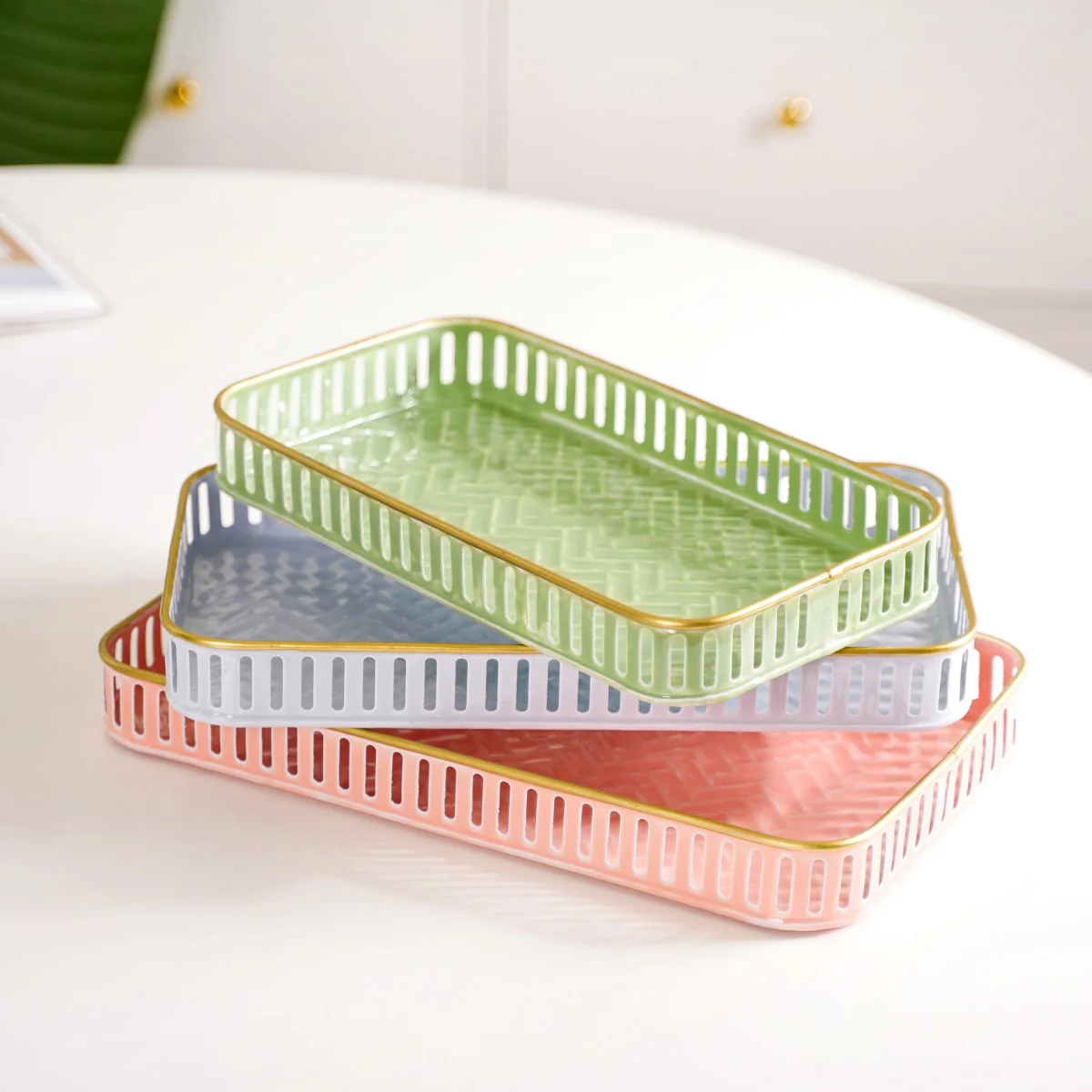 Pastel Herringbone Pattern Metal Tray Set Of 3 - Image 3