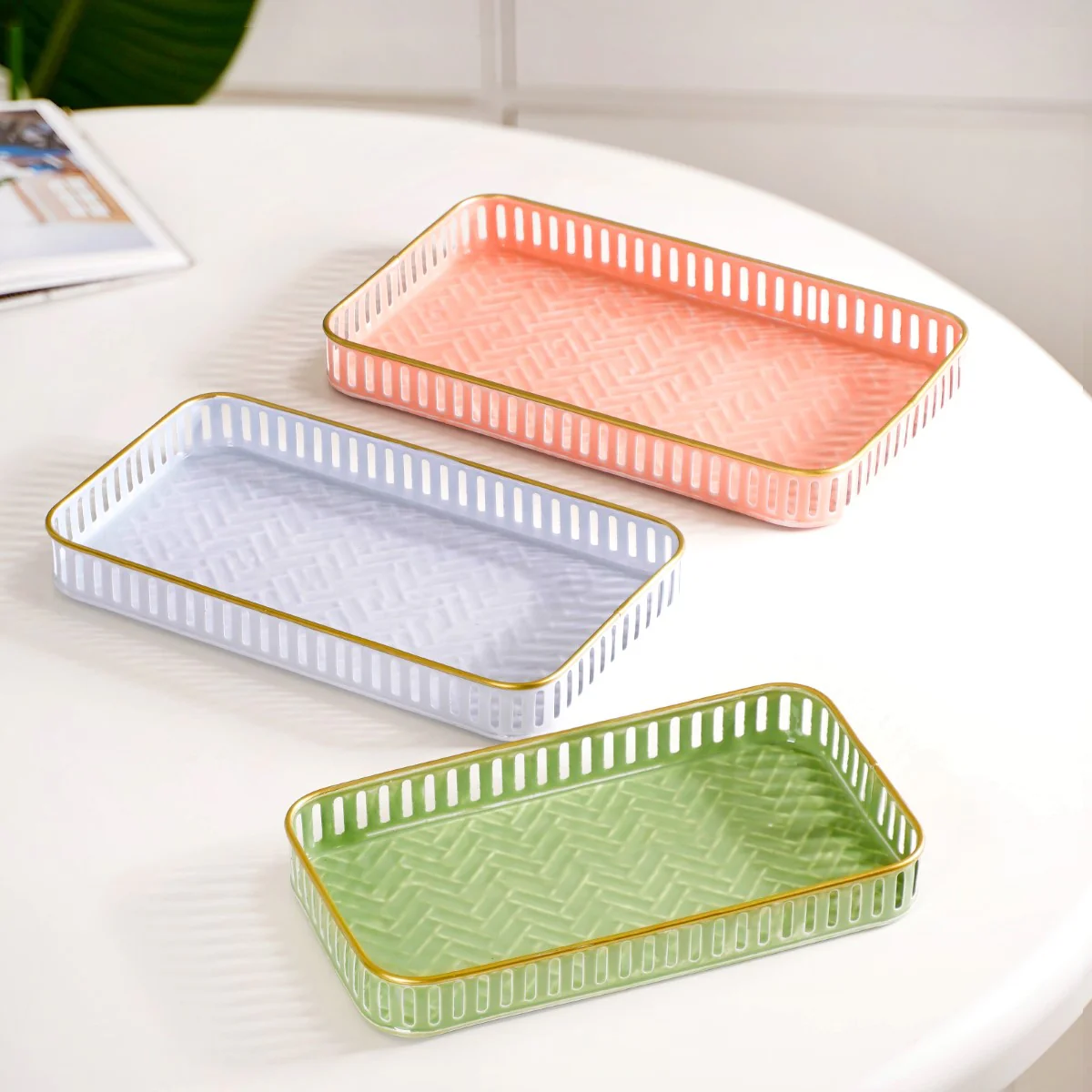 Pastel Herringbone Pattern Metal Tray Set Of 3 - Image 4