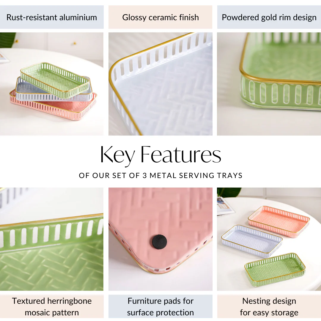 Pastel Herringbone Pattern Metal Tray Set Of 3 - Image 5