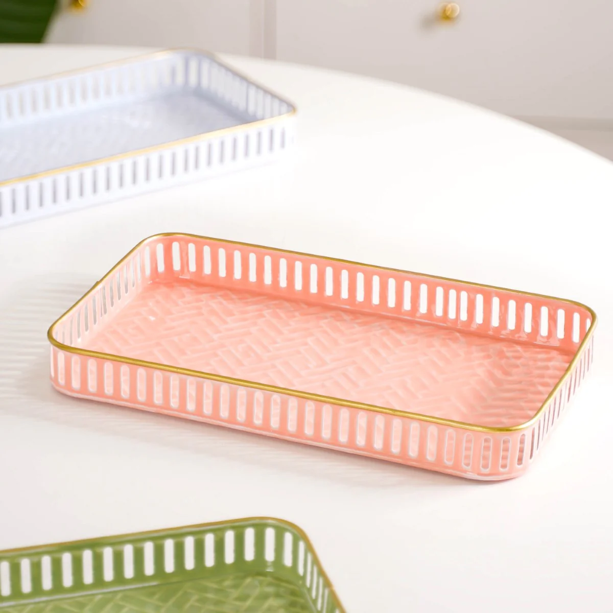 Pastel Herringbone Pattern Metal Tray Set Of 3 - Image 7