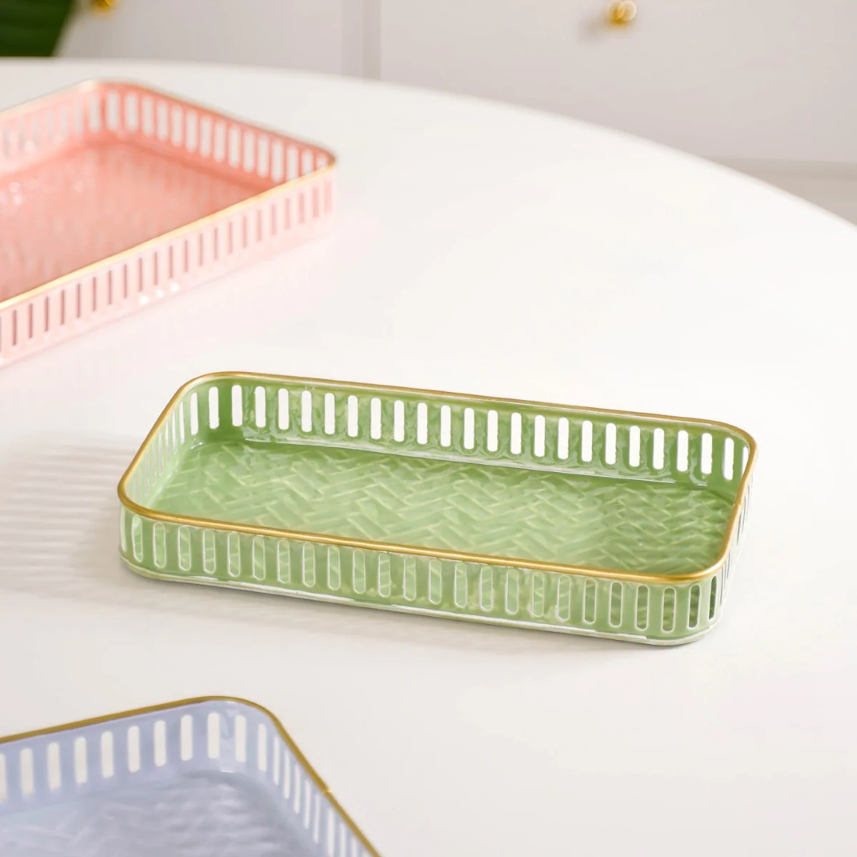 Pastel Herringbone Pattern Metal Tray Set Of 3 - Image 9