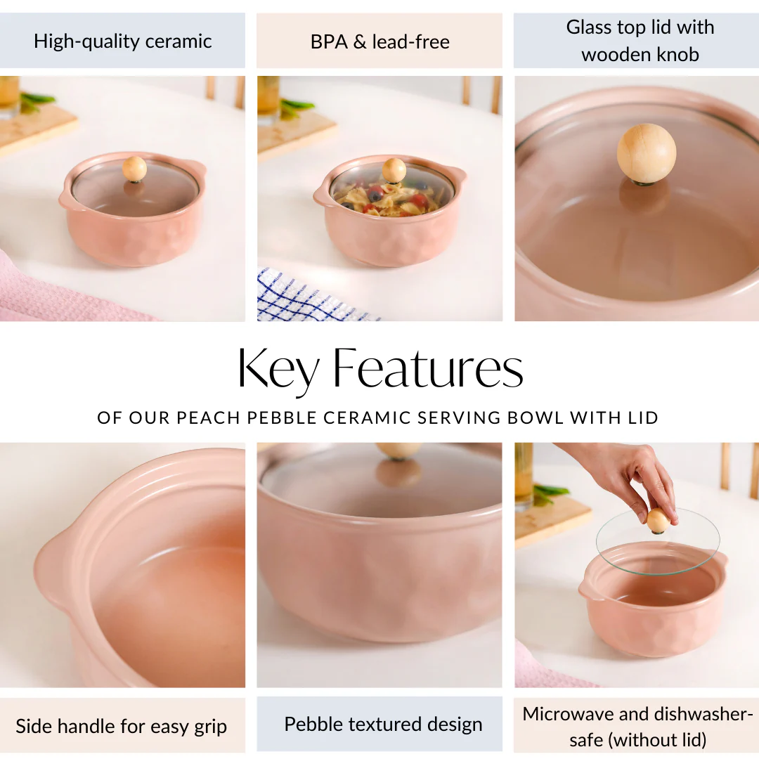 Peach Pebble Ceramic Serving Bowl With Lid 950ml - Image 5