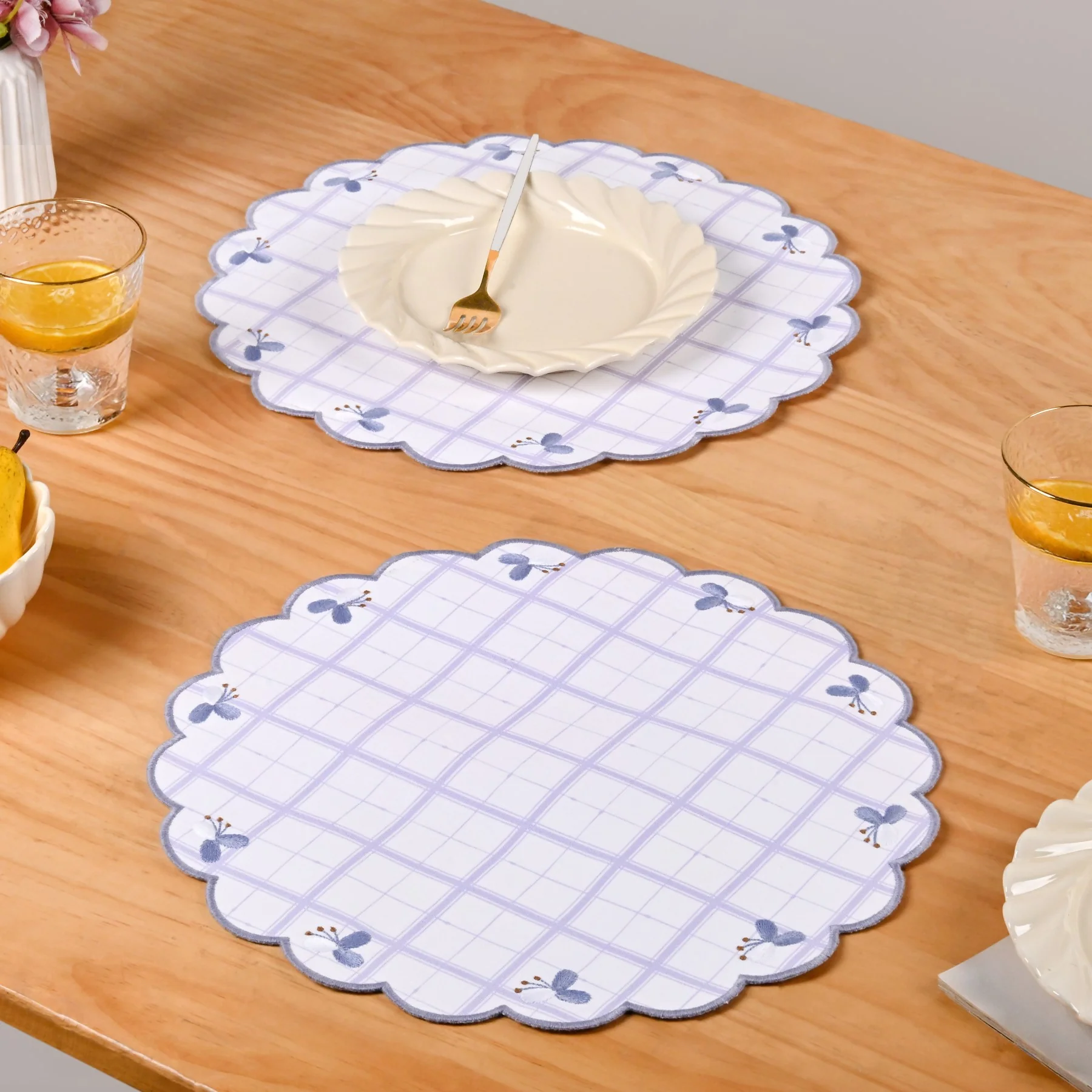 Periwinkle Embroidered Cotton Table Mat Lilac Set Of 6 - Image 8