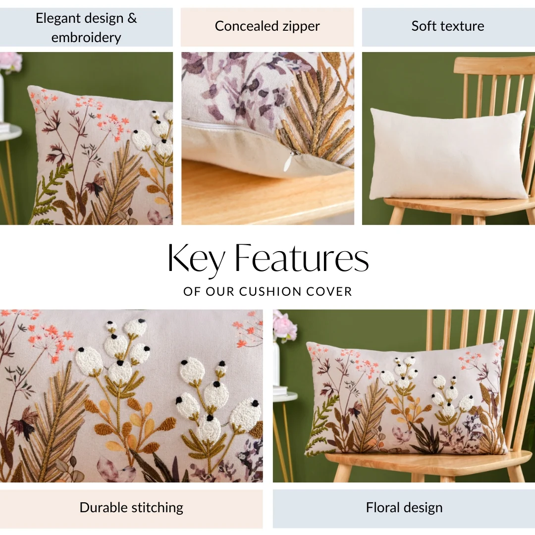 Petal Embroidered Cotton Cushion Cover 50x30cm - Image 4