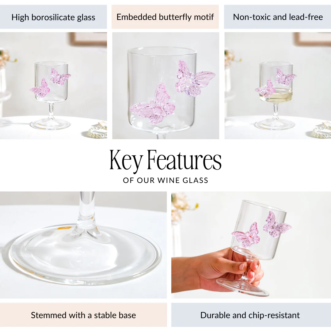 Pink 3D Butterfly Borosilicate Wine Glass 250ml - Image 6