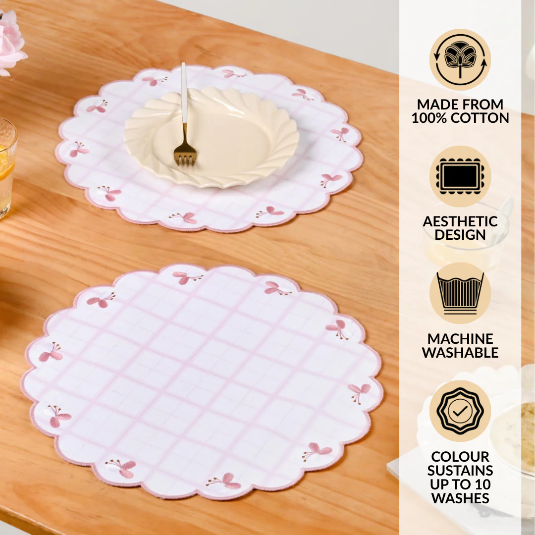 Pink Periwinkle Cotton Embroidered Table Mat Set Of 6 - Image 3