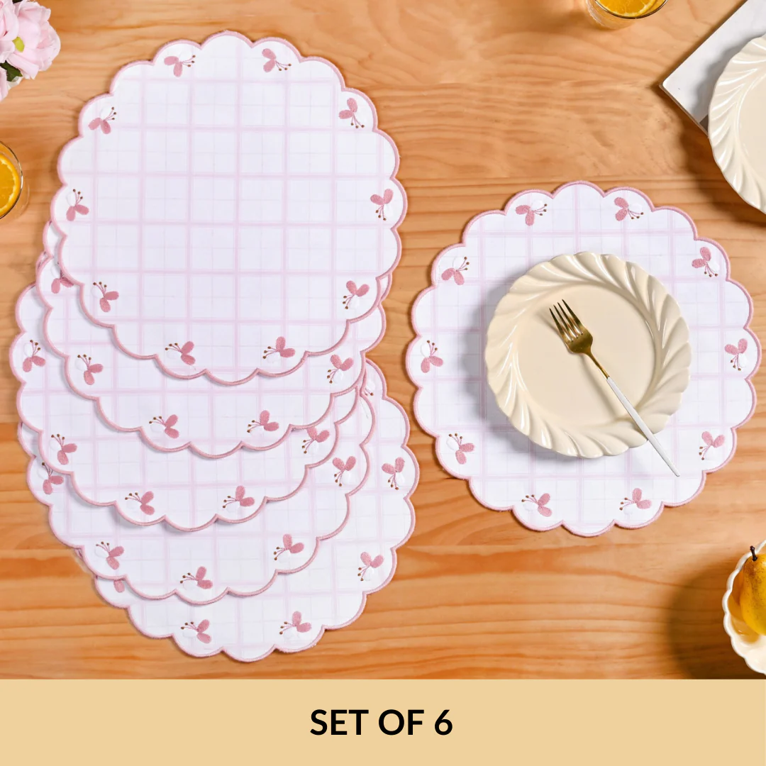 Pink Periwinkle Cotton Embroidered Table Mat Set Of 6 - Image 5