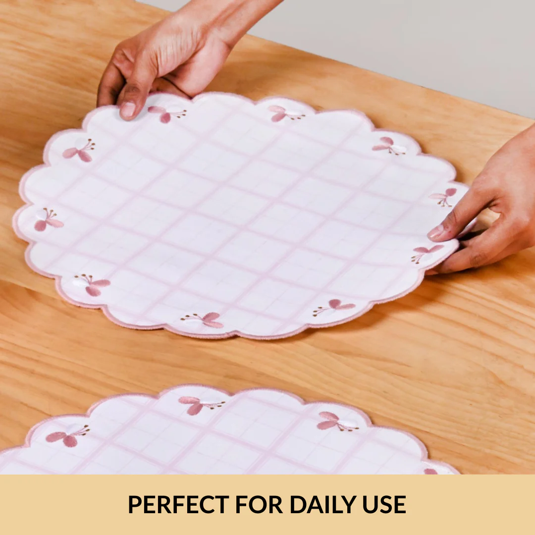 Pink Periwinkle Cotton Embroidered Table Mat Set Of 6 - Image 6