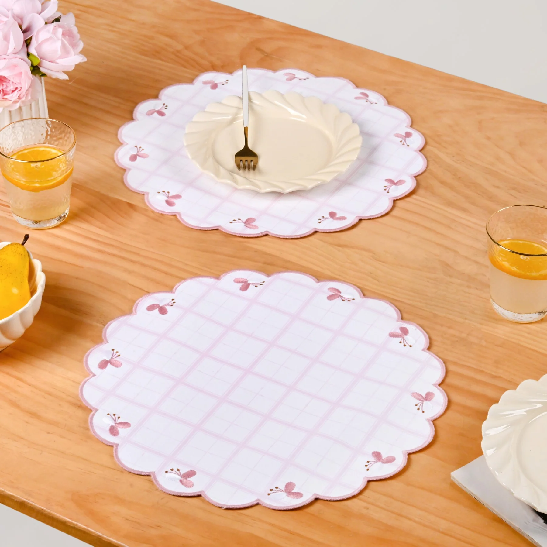 Pink Periwinkle Cotton Embroidered Table Mat Set Of 6 - Image 8