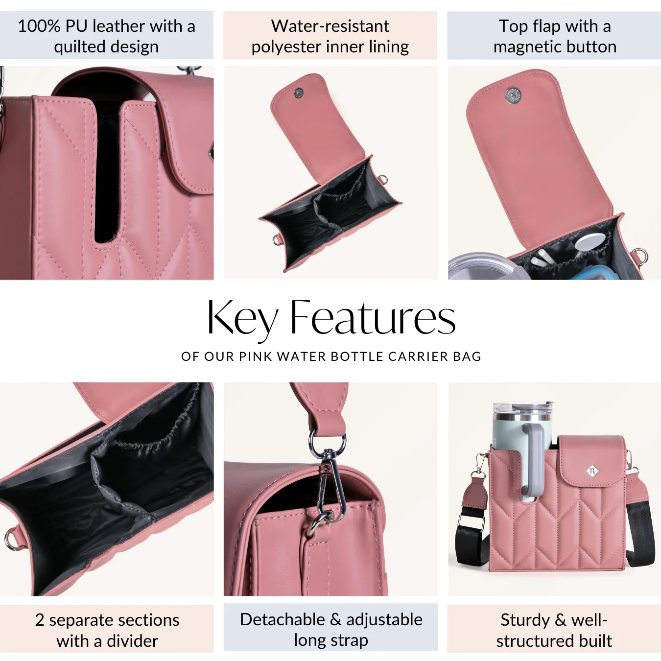 Pink Water Bottle Carrier Bag With Adjustable Strap - Image 5